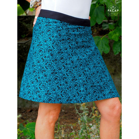 Jupe bohème mi-longue imprimé fleuri, jupe evasée, jupe bleue, jupe fleurs, jupe genoux, jupe coton