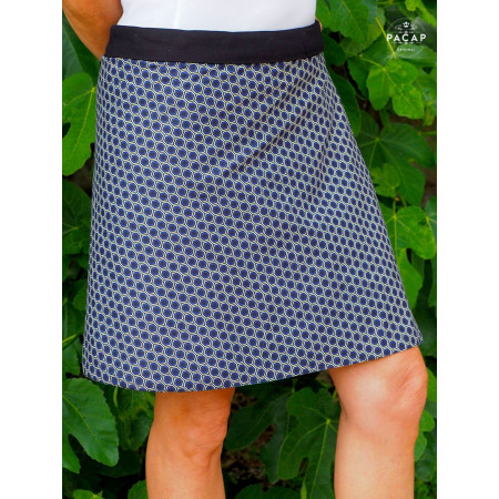 Jupe réversible taille ajustable motif circulaire, jupe évasée, jupe taille haute, jupe géométrique