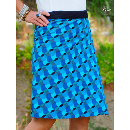 Jupe bleue longue coupe évasée, jupe portefeuille, jupe droite, jupe femme, jupe longue