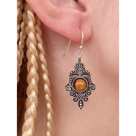 Boucles d'oreilles ethniques argentées pierre naturelle ronde orange Cornaline bien-être cornaline
