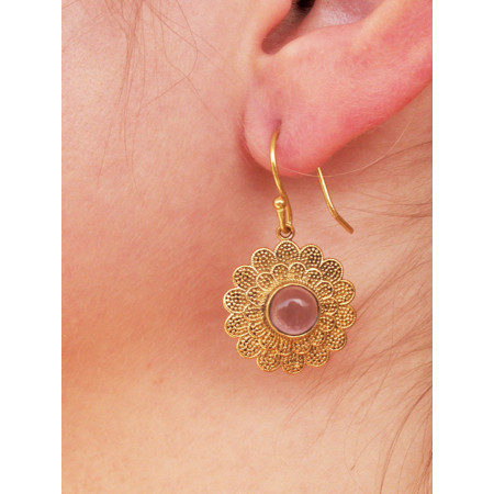 Boucles d'oreilles dorées fluorite en forme de soleil et pierre naturelle Améthyste