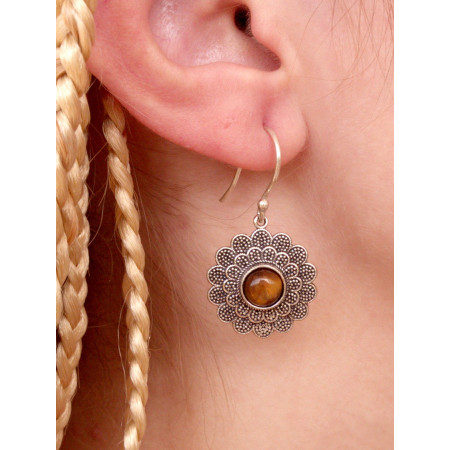 Boucle d'oreille argenté femme pierre naturelle marron orange œil de tigre soleil