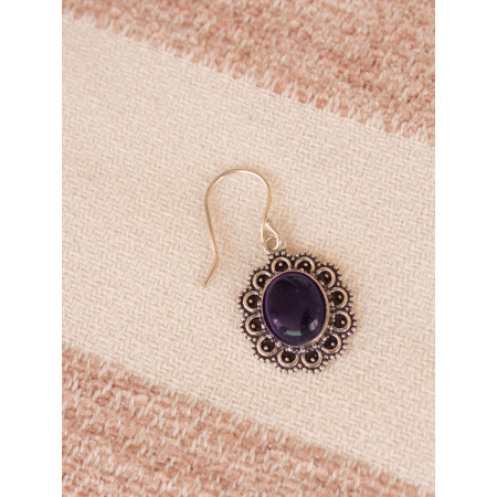 boucle oreille argentée ronde pierre bleue lapis lazuli