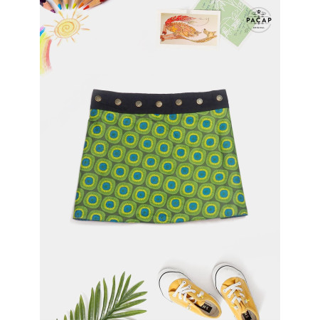 Jupe fille, jupe boheme, jupe ethnique, jupe verte, jupe wax, jupe africain, coton imprimé motif kiwi taille unique