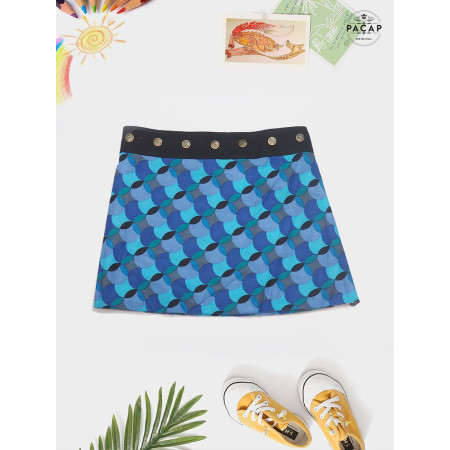 jupe fille asymetrique a pois bleu pour enfant, jupe à bouton, jupe été, jupe en coton patineuse, jupe courte cintrée