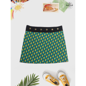 jupe fille verte imprimé style portefeuille coupe trapèze taille réglable en coton reversible ceinture boutonnée