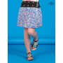 Jupe mignonne bleu clair fille motif liberty fleurs multicolores, jupe portefeuille, jupe trapèze, jupe fendue, jupe asymétrique