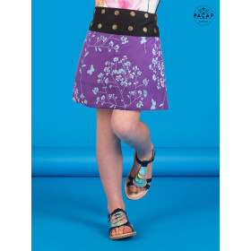 Jupe pour enfant bébé petite fille de 4 ans à 14 ans coton  à fleurs violette et papillons bleu ceinture noir boutons