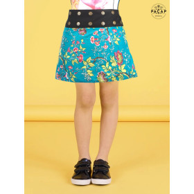 Jupe fille portefeuille a fleurs jaune sur coton bleu turquoise ceinture large noire boutonnée, jupe wrap reversible,