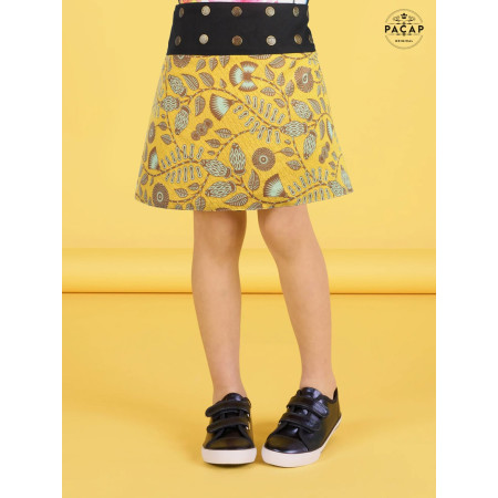 Jupe fille en coton jaune motif a fleurs pour enfant de 4 6 8 10 12 14 ans jupe fleurie portefeuille à bouton, jupe ouverte