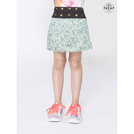 jupe fille motif liberty fleur blanche sur coton vert, jupe droite pour enfant, vetement pas cher grossiste fabriquant
