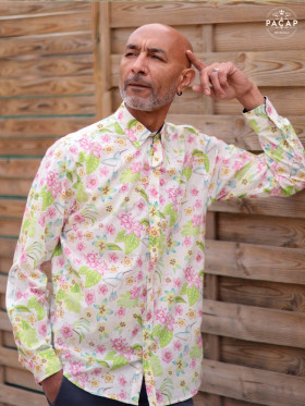 chemise blanche imprimé fleurs et oiseaux homme