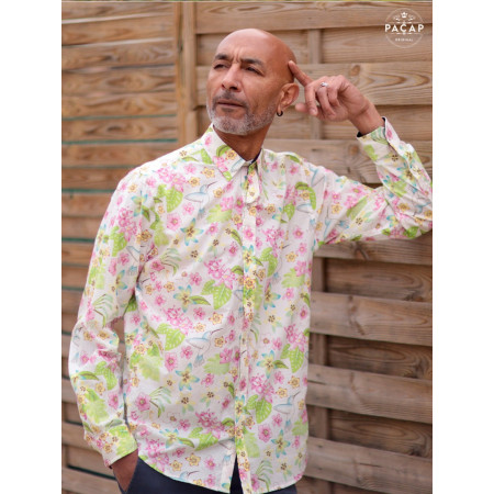 chemise blanche imprimé fleurs et oiseaux homme