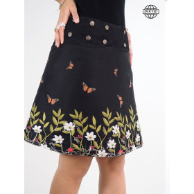 jupe été noire avec poche réversible qualité premium imprimé numerique a fleurs et papillons