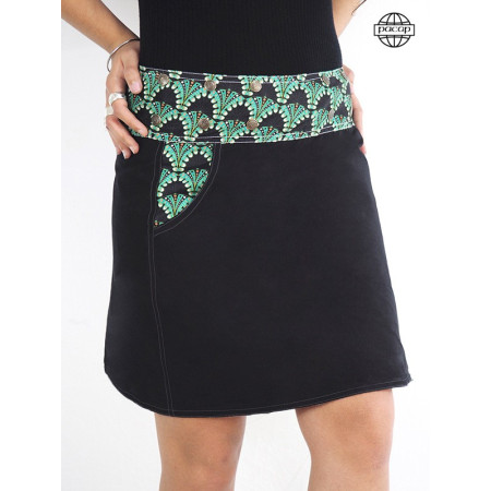 jupe africaine coton noire été mi-longue a poche ceinture à motif ethnique vert jean taille unique finitions apparentes