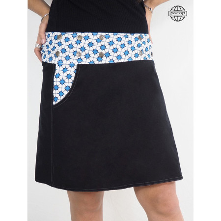 Jupe noire à carreaux étoiles bleu sur fond blanc qualité imprimé supérieur jupe ceinture large motif block print en coton