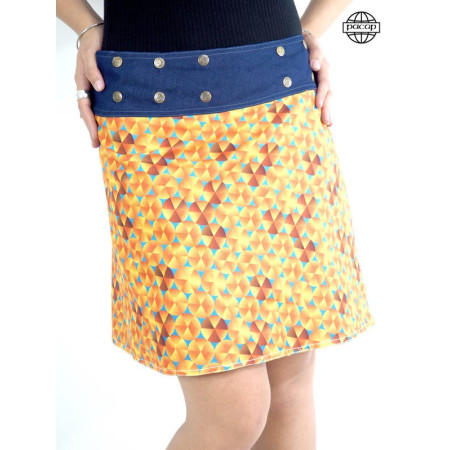 jupe jaune évasée portefeuille taille réglable boutonnée bleu ou noir coton et imprimé digitale haute qualité