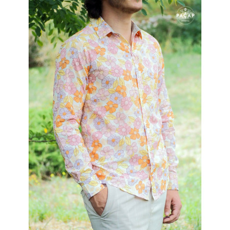 chemise originale hawaïenne rose orange homme