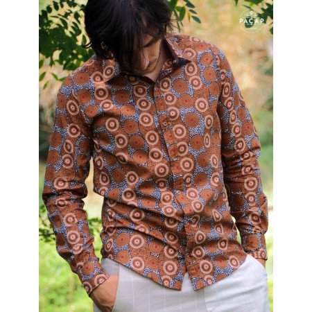 chemise ethnique marron voile de coton homme
