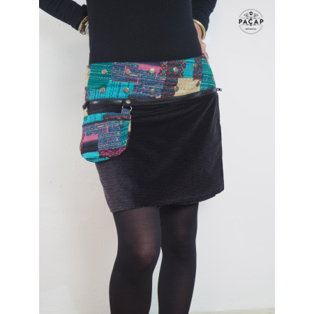 jupette noire velours suédine ceinture zippée bouton pression femme jupe enveloppante