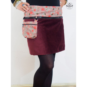 jupe wrap courte rouge velours côtelée femme avec ceinture zip bouton pression femme