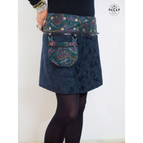 mini-jupe courte bleue enveloppante en velours motif cachemire ceinture zippée amovible femme