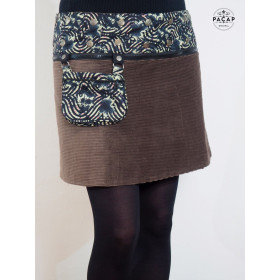 mini jupe femme velours côtelée marron poche assortie  taille reglable bouton pression femerture eclair zip