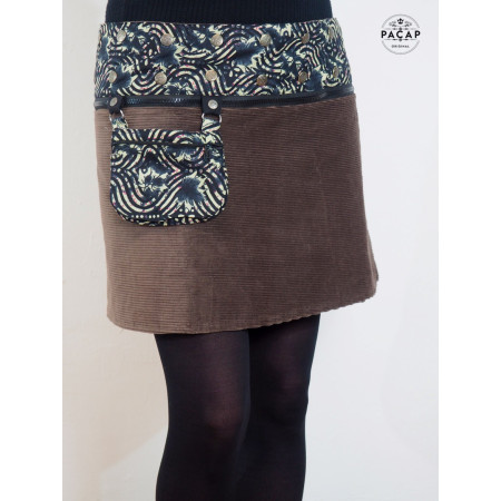 mini jupe femme velours côtelée marron poche assortie  taille reglable bouton pression femerture eclair zip