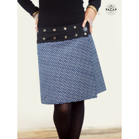jupe portefeuille trapèze bleue velours femme