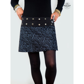 mini jupe droite velours motifs fleurs ceinture noire boutonnée femme