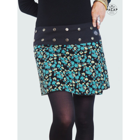 jupe trapèze courte fleurs velours ceinture bouton pression femme