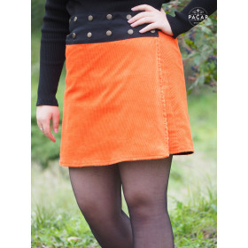 jupe trapèze velours orange, jupe fendue, jupe ouverte, jupe ouverte, jupe asymetrique, jupe a bouton pression