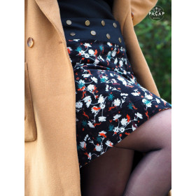 Jupe velours noir imprimé floral jupe portefeuille à fleurs, jupe Jupe droite Femme ceinture boutonnée