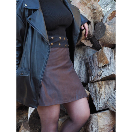 Jupe marron portefeuille velours fluide peau de pêche Jupe tupe fendue boutonnée Taille Ajustable femme