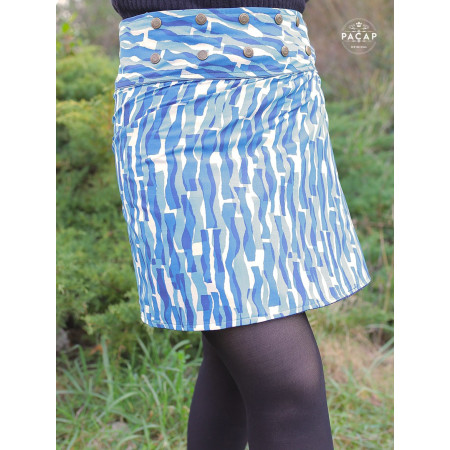 Jupe ceinture large, jupe blanche imprimée, jupe enveloppante bleue, jupe wrap, jupe tulipe, jupe droite, jupe reglable,