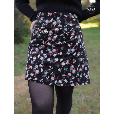 jupe velours noir chic imprimé a fleurs élégantes, portefeuille, taille haute ajustable femme, bouton pression