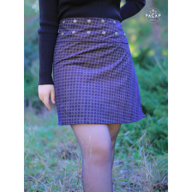 jupe bleue femme velours à carreaux, portefeuille boutonné, jupe texturée automne hiver collant, jupe genoux