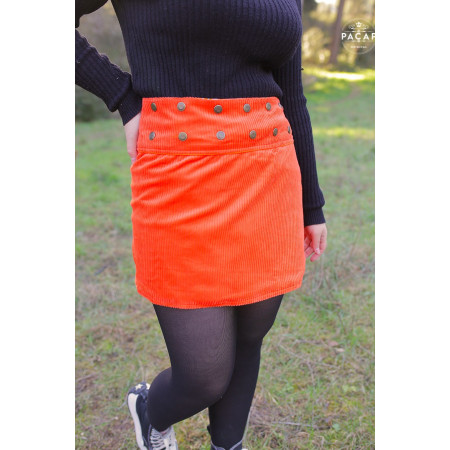 jupe orange ceinture bouton jupe femme velours fluo portefeuille boutonnée automne hiver Mini jupe flashy courte patineuse