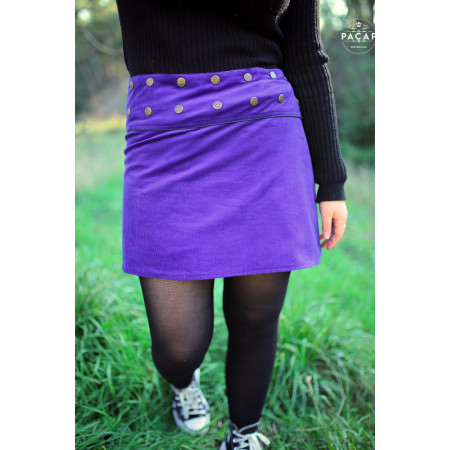jupe bleue portefeuille velours Coupe droite Ceinture boutonnée automne hiver collant Mini jupe patineuse