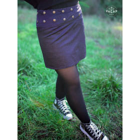 jupe passepoil bleue satinée en velours fin coupe portefeuille reversible, bouton pression pour femme
