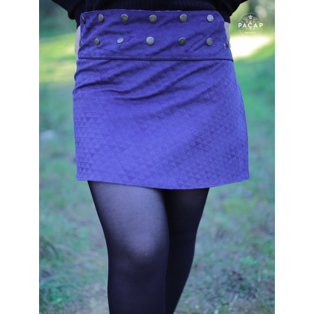 jupe portefeuille velours bleu imprimé triangle Coupe droite Ceinture boutonnée automne hiver collant Mini jupe patineuse