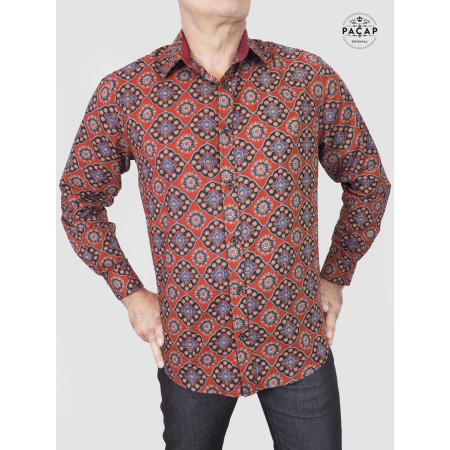 chemise non binaire rouge imprimé ethnique africain manche longues