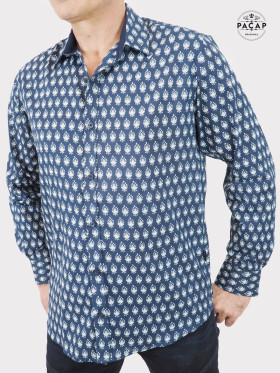 chemise bleue imprimé block print manche longue