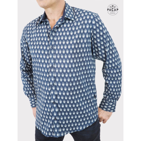 chemise bleue imprimé block print manche longue