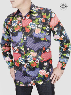chemise hawaïenne noire imprimé multicolore