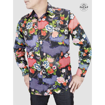 chemise hawaïenne noire imprimé multicolore