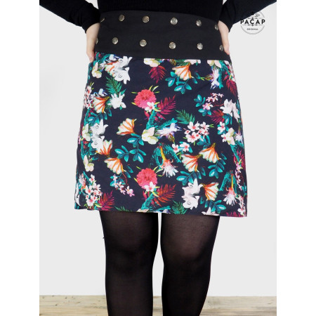 jupe poretfeuille, jupe réversible, jupe taille gourmande, jupe imprimé fleurs colorées
