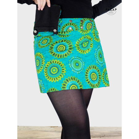 PACAP | Jupe Zippée en Jean Motif Fantaisie Vert et Bleu Turquoise