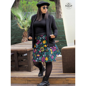 Jupe longue portefeuille noire à fleurs taille haute fine pour Femme coupe évasée