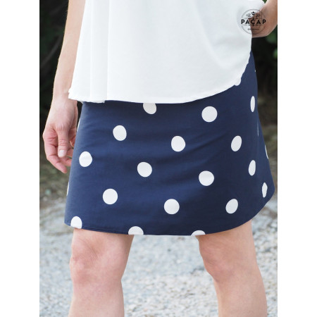 jupe portefeuille bleue imprimé à pois reversible en coton taille haute femme